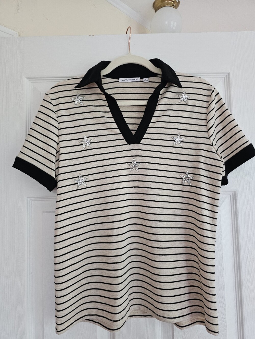 Notations Vintage Y2K Striped Star Embellished Polo Shirt - Size M
